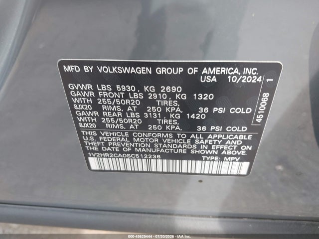 2025 Volkswagen Atlas 2.0t Se W/technology მანქანა იყიდება აუქციონზე, vin: 1V2HR2CA0SC512236, აუქციონის ნომერი: 45625444