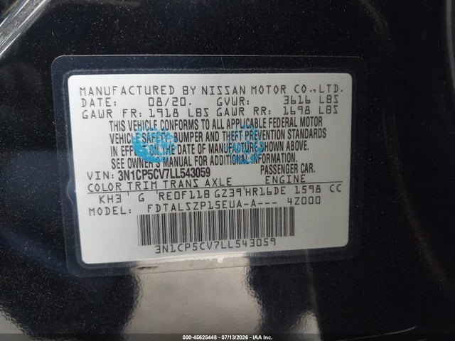 3N1CP5CV7LL543059 Nissan Kicks Sv Xtronic Cvt