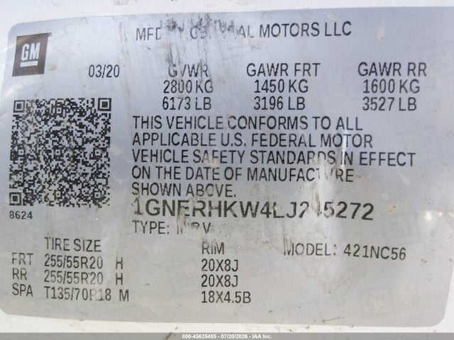 2020 Chevrolet Traverse Fwd Lt Leather მანქანა იყიდება აუქციონზე, vin: 1GNERHKW4LJ245272, აუქციონის ნომერი: 45625455