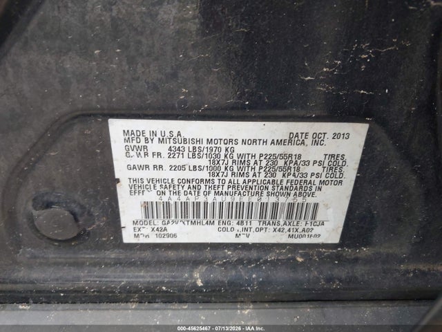 45625467 :رقم المزاد ، 4A4AP3AU9EE013755 vin ، 2014 Mitsubishi Outlander Sport Es مزاد بيع