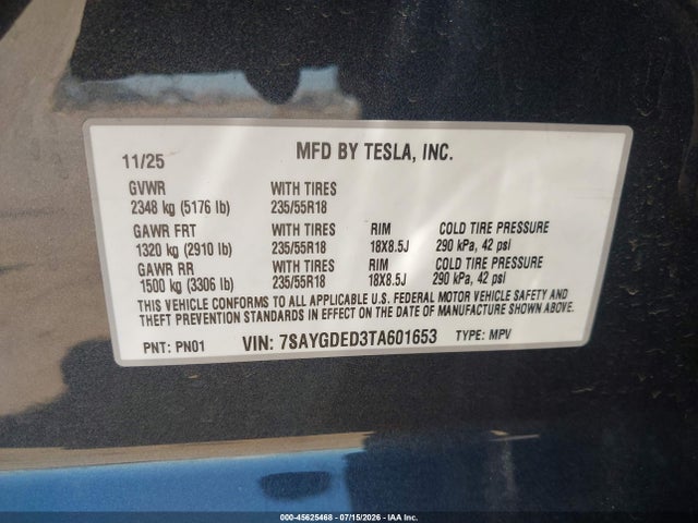 Aukcja sprzedaży 2026 Tesla Model Y Premium Rear-wheel Drive/rear-wheel Drive, vin: 7SAYGDED3TA601653, numer aukcji: 45625468