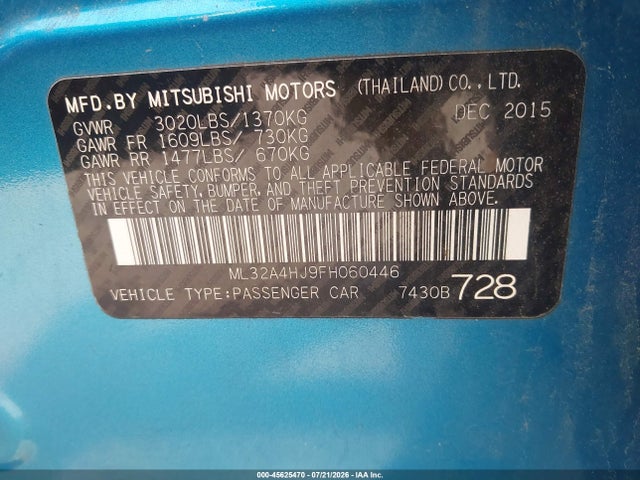 Aukcja sprzedaży 2015 Mitsubishi Mirage Es, vin: ML32A4HJ9FH060446, numer aukcji: 45625470