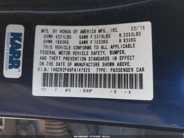 1HGCR2F86FA147925 Honda Accord Ex-l