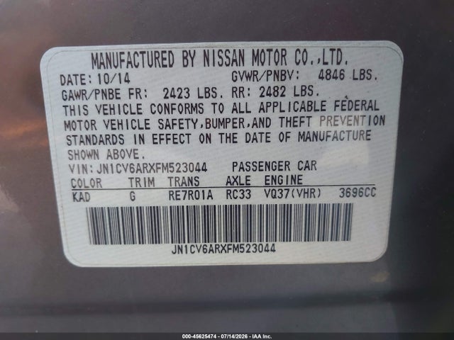 2015 Infiniti Q40 მანქანა იყიდება აუქციონზე, vin: JN1CV6ARXFM523044, აუქციონის ნომერი: 45625474
