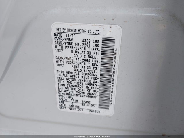 Aukcja sprzedaży 2012 Nissan Rogue Sv W/sl Pkg, vin: JN8AS5MT5CW269987, numer aukcji: 45625476