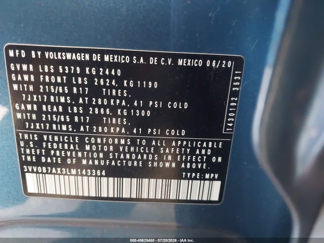 Продаж на аукціоні авто 2020 Volkswagen Tiguan 2.0t S, vin: 3VV0B7AX3LM143364, номер лоту: 45625480