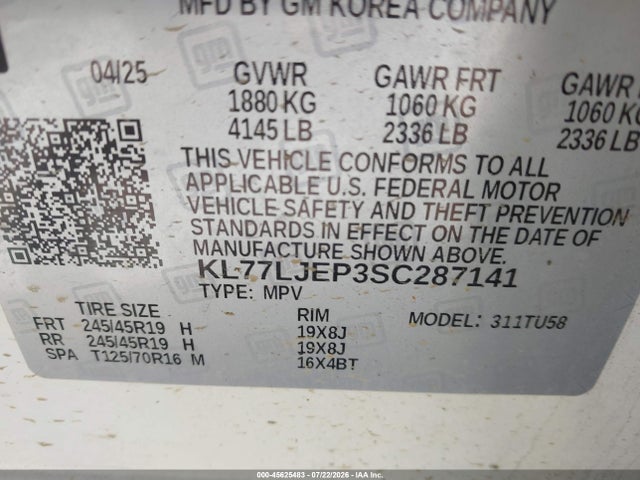 45625483 :رقم المزاد ، KL77LJEP3SC287141 vin ، 2025 Chevrolet Trax Fwd 2rs مزاد بيع
