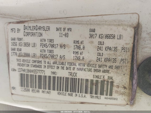 Aukcja sprzedaży 2004 Dodge Ram 1500 Slt/laramie, vin: 1D7HA18NX4S577771, numer aukcji: 45625484