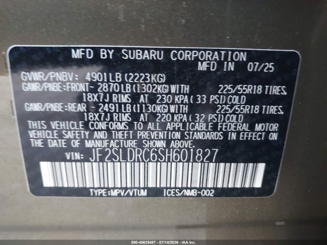 Продаж на аукціоні авто 2025 Subaru Forester Limited, vin: JF2SLDRC6SH601827, номер лоту: 45625487