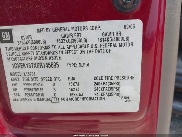 Продаж на аукціоні авто 2006 Gmc Yukon Slt, vin: 1GKEK13TX6R145695, номер лоту: 45625488