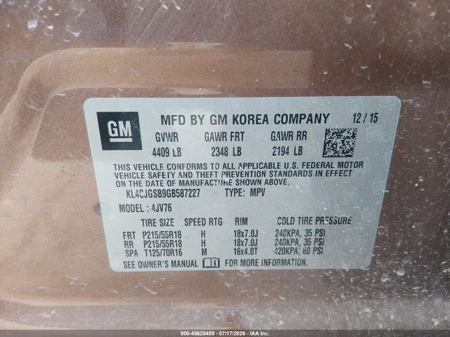 2016 Buick Encore Leather მანქანა იყიდება აუქციონზე, vin: KL4CJGSB9GB587227, აუქციონის ნომერი: 45625489