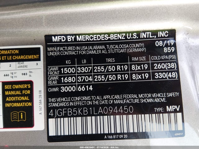 45625491 :رقم المزاد ، 4JGFB5KB1LA094450 vin ، 2020 Mercedes-benz Gle 450 4matic مزاد بيع