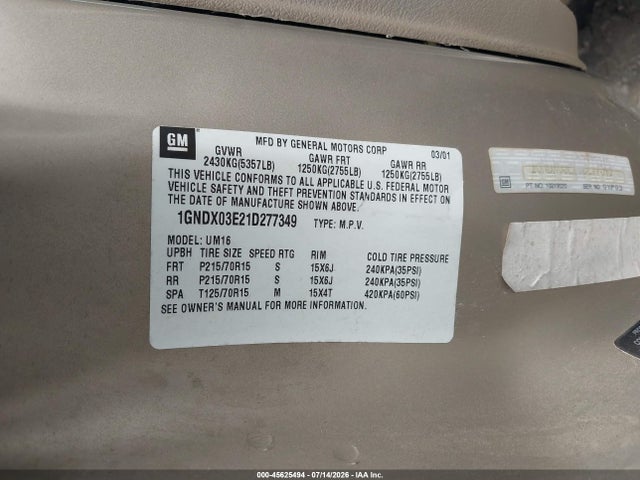 Продаж на аукціоні авто 2001 Chevrolet Venture Plus, vin: 1GNDX03E21D277349, номер лоту: 45625494