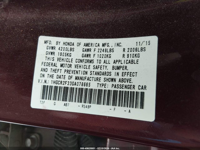 Honda ACCORD LX 2016 1HGCR2F33GA078665 Image 9