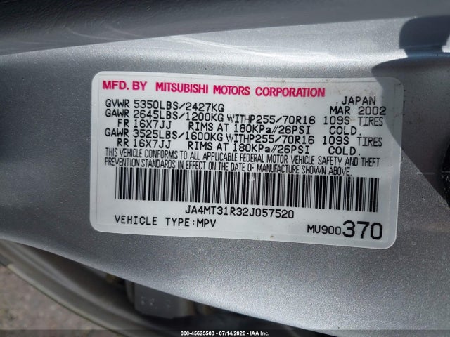 45625503 :رقم المزاد ، JA4MT31R32J057520 vin ، 2002 Mitsubishi Montero Sport Xls مزاد بيع