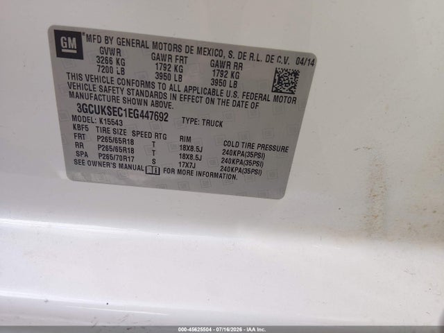 Aukcja sprzedaży 2014 Chevrolet Silverado 1500 Ltz, vin: 3GCUKSEC1EG447692, numer aukcji: 45625504