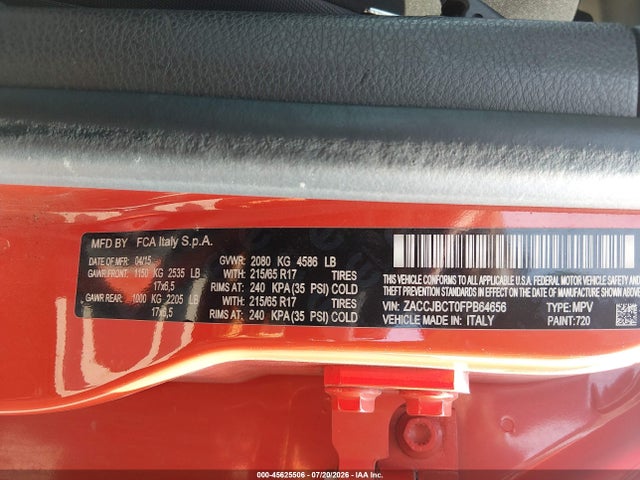 Продажа на аукционе авто 2015 Jeep Renegade Trailhawk, vin: ZACCJBCT0FPB64656, номер лота: 45625506
