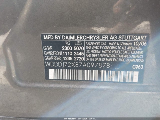 Aukcja sprzedaży 2007 Mercedes-benz Cls 550, vin: WDDDJ72X87A097878, numer aukcji: 45625511