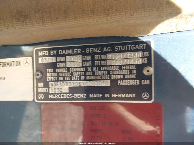 1984 Mercedes-benz 300 Cdt მანქანა იყიდება აუქციონზე, vin: WDBAB53A3EA139006, აუქციონის ნომერი: 45625550