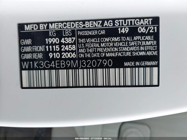 45625553 :رقم المزاد ، W1K3G4EB9MJ320790 vin ، 2021 Mercedes-benz A 220 مزاد بيع