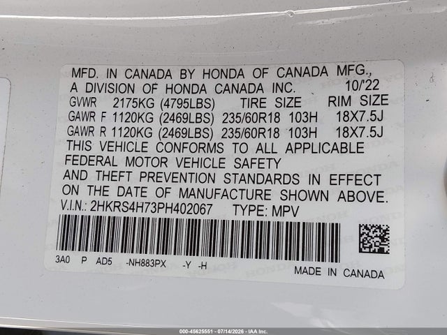 2HKRS4H73PH402067 Honda Cr-v Ex-l Awd