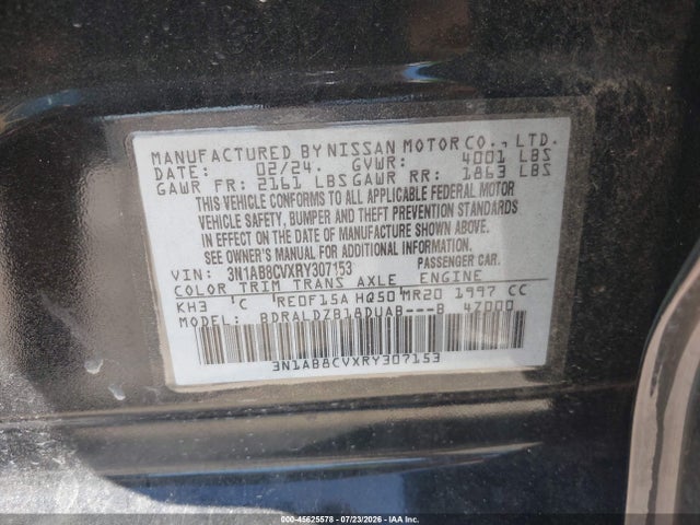 45625578 :رقم المزاد ، 3N1AB8CVXRY307153 vin ، 2024 Nissan Sentra Sv Xtronic Cvt مزاد بيع