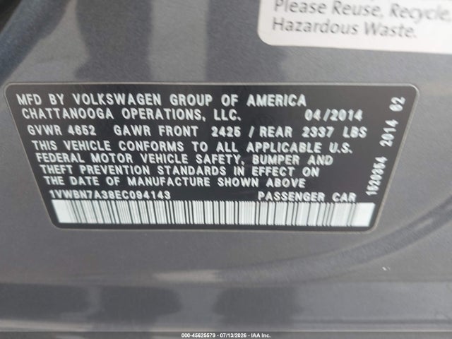 Продаж на аукціоні авто 2014 Volkswagen Passat 2.0l Tdi Se, vin: 1VWBN7A38EC094143, номер лоту: 45625579