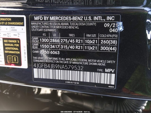 Aukcja sprzedaży 2022 Mercedes-benz Gle 350, vin: 4JGFB4JB9NA579532, numer aukcji: 45625580