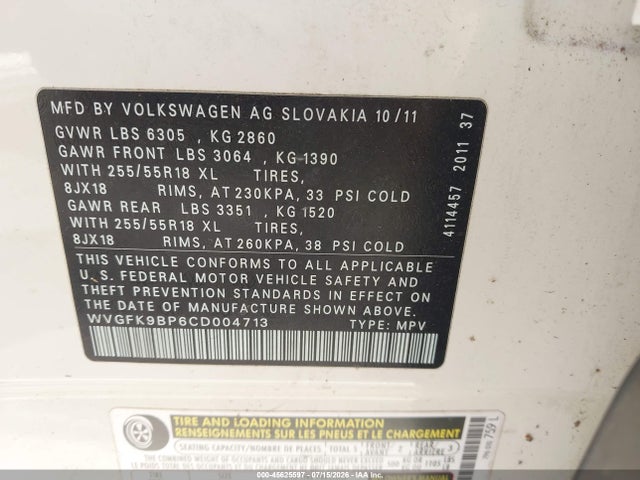 45625597 :رقم المزاد ، WVGFK9BP6CD004713 vin ، 2012 Volkswagen Touareg Tdi Sport مزاد بيع