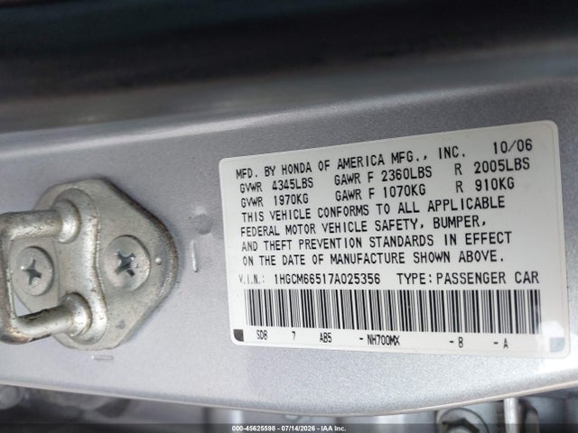 Продаж на аукціоні авто 2007 Honda Accord 3.0 Ex, vin: 1HGCM66517A025356, номер лоту: 45625598