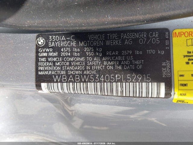 45625614 :رقم المزاد ، WBABW53405PL52915 vin ، 2005 Bmw 330ci مزاد بيع