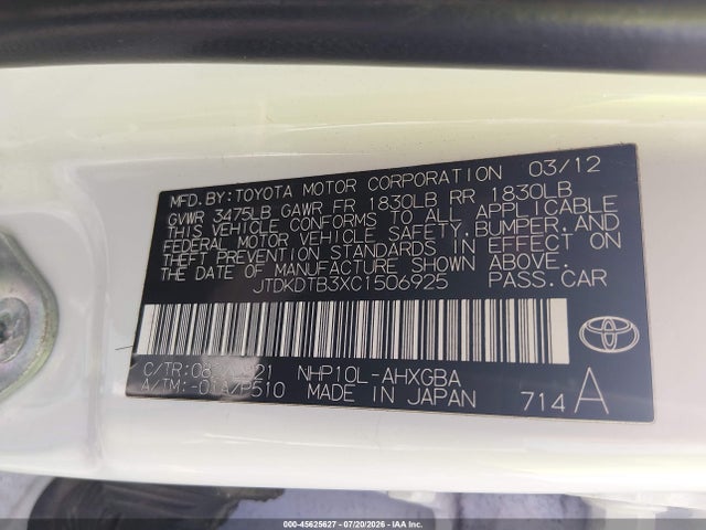 Aukcja sprzedaży 2012 Toyota Prius C Four, vin: JTDKDTB3XC1506925, numer aukcji: 45625627