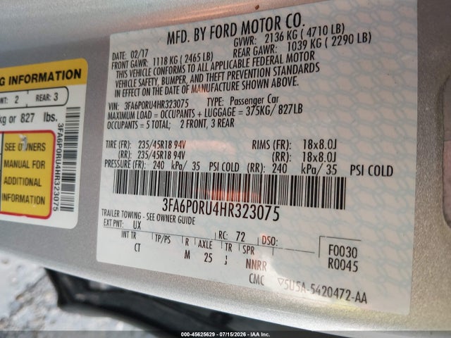 2017 Ford Fusion Hybrid Titanium მანქანა იყიდება აუქციონზე, vin: 3FA6P0RU4HR323075, აუქციონის ნომერი: 45625629