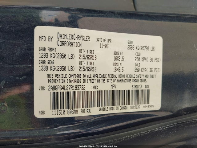 Продаж на аукціоні авто 2007 Chrysler Town & Country Limited, vin: 2A8GP64L27R193732, номер лоту: 45625641