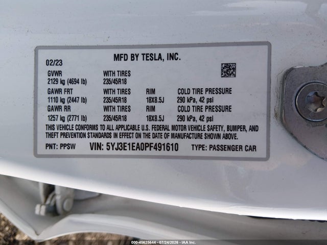 Aukcja sprzedaży 2023 Tesla Model 3 Rear-wheel Drive, vin: 5YJ3E1EA0PF491610, numer aukcji: 45625644