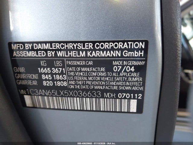 2005 Chrysler Crossfire Limited მანქანა იყიდება აუქციონზე, vin: 1C3AN65LX5X036633, აუქციონის ნომერი: 45625665