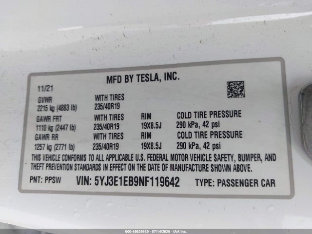 Aukcja sprzedaży 2022 Tesla Model 3 Long Range Dual Motor All-wheel Drive, vin: 5YJ3E1EB9NF119642, numer aukcji: 45625669