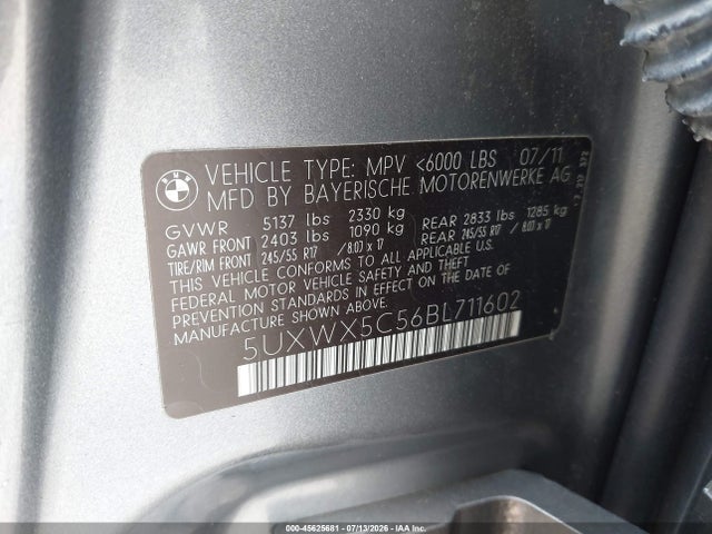 2011 Bmw X3 Xdrive28i მანქანა იყიდება აუქციონზე, vin: 5UXWX5C56BL711602, აუქციონის ნომერი: 45625681
