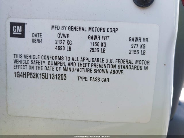 45625704 :رقم المزاد ، 1G4HP52K15U131203 vin ، 2005 Buick Lesabre Custom مزاد بيع