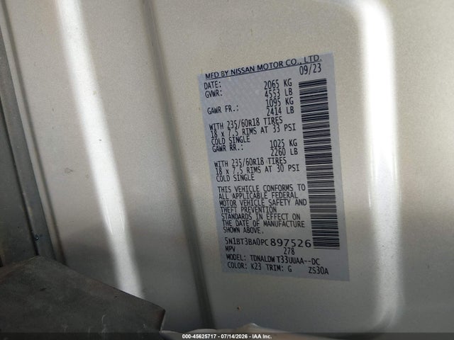 Продажа на аукционе авто 2023 Nissan Rogue Sv Fwd, vin: 5N1BT3BA0PC897526, номер лота: 45625717