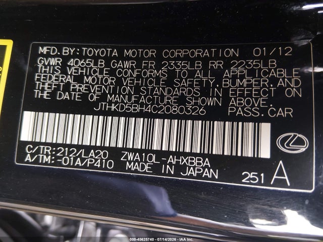45625740 :رقم المزاد ، JTHKD5BH4C2080326 vin ، 2012 Lexus Ct 200h Premium مزاد بيع
