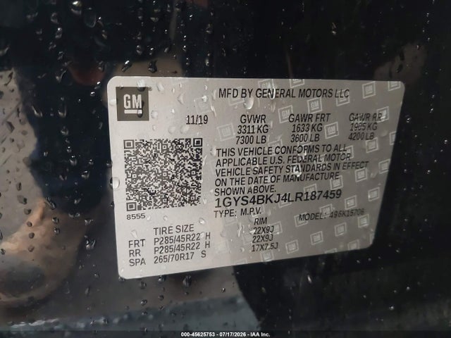 45625753 :رقم المزاد ، 1GYS4BKJ4LR187459 vin ، 2020 Cadillac Escalade 4wd Luxury مزاد بيع