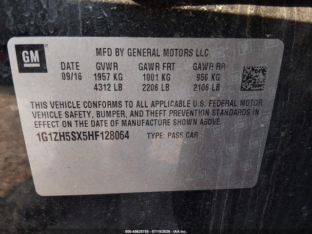 2017 Chevrolet Malibu Premier მანქანა იყიდება აუქციონზე, vin: 1G1ZH5SX5HF128064, აუქციონის ნომერი: 45625755