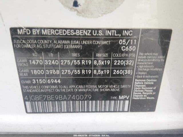 45625756 :رقم المزاد ، 4JGBF7BE9BA740079 vin ، 2011 Mercedes-benz Gl 450 4matic مزاد بيع