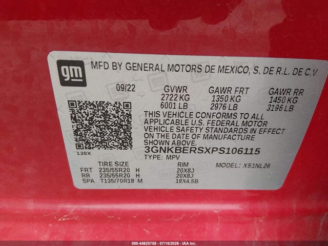 Aukcja sprzedaży 2023 Chevrolet Blazer Fwd Rs, vin: 3GNKBERSXPS106115, numer aukcji: 45625758