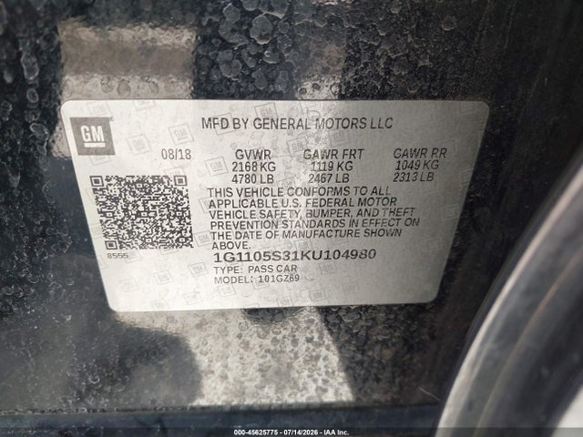 45625775 :رقم المزاد ، 1G1105S31KU104980 vin ، 2019 Chevrolet Impala Premier مزاد بيع
