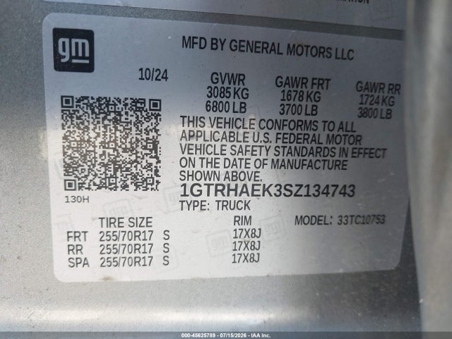 Aukcja sprzedaży 2025 Gmc Sierra 1500 2wd  Standard Box Pro, vin: 1GTRHAEK3SZ134743, numer aukcji: 45625789