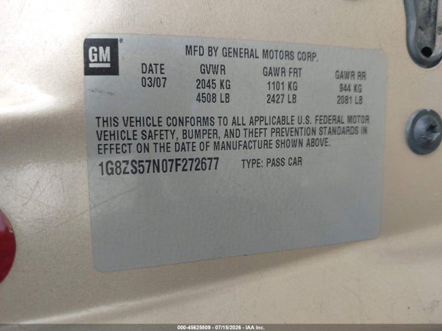 45625809 :رقم المزاد ، 1G8ZS57N07F272677 vin ، 2007 Saturn Aura Xe مزاد بيع