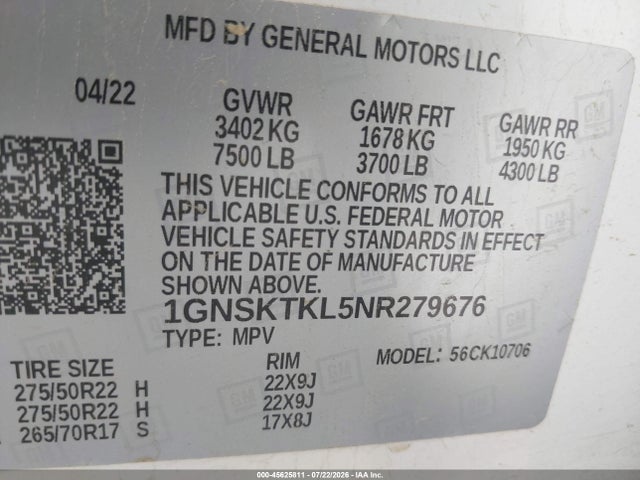 Aukcja sprzedaży 2022 Chevrolet Tahoe 4wd High Country, vin: 1GNSKTKL5NR279676, numer aukcji: 45625811
