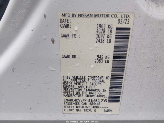 45625829 :رقم المزاد ، 1N4BL4DV5PN369176 vin ، 2023 Nissan Altima Sv Fwd مزاد بيع